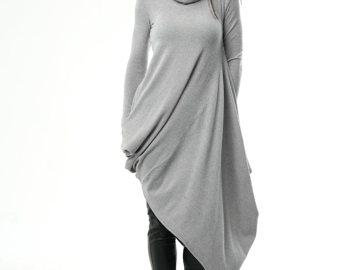 Turtle Neck Dress / Grey Midi Dress / Long Tunic Dress / Knitted Dress / Turtleneck Tunic / Long Sleeve Tunic / Grey Tunic