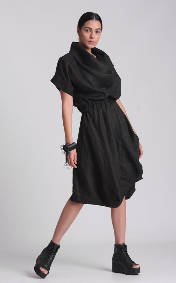Black Linen Midi Dress With Elastic Waist METD0177 - Etsy 