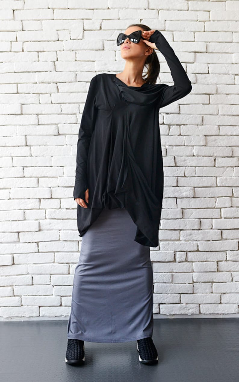 Long Sleeve Black Tunic/Draped Tunic/Black Dress/Oversize Kaftan/Loose Black Dress/Asymmetric Loose Top/ Extravagant Black Blouse METT0004 image 3