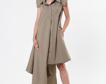 Asymmetric Cotton Shirt Dress In Khaki / Collared Dress / Long Shirt METD0257_Khaki