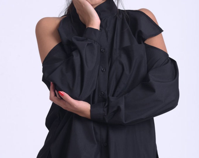 Extravagant Black Shirt / Open Shoulders Black Top / Asymmetric Blouse