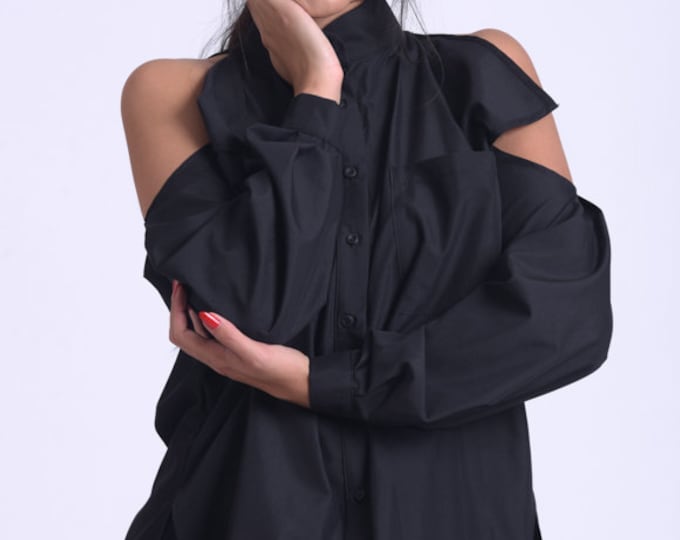 Extravagant Black Shirt / Open Shoulders Black Top / Asymmetric Blouse METSh0022