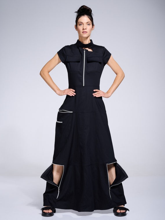 maxi dress with zipper in front Zipper Detail Maxi Dress Black