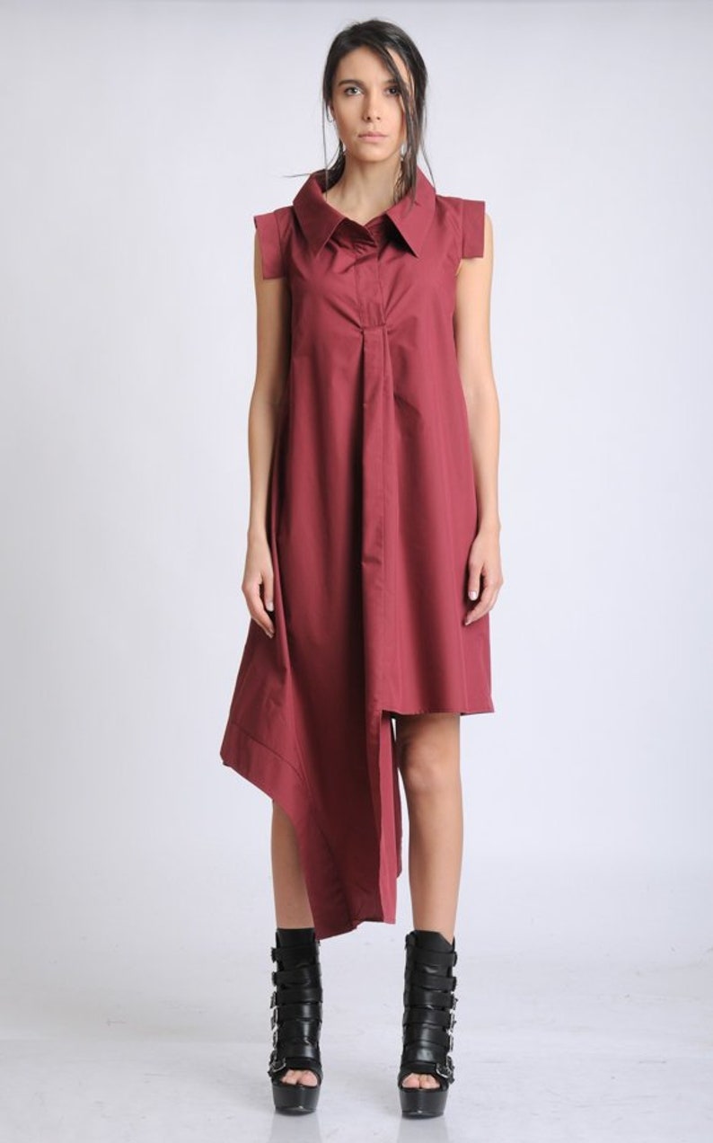 Burgundy Asymmetric Dress/Sleeveless Shirt Dress/Loose Long | Etsy