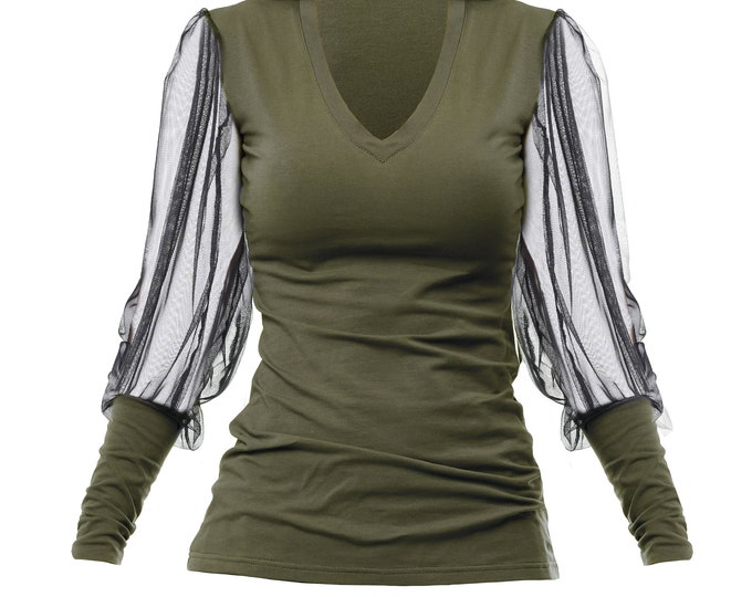 Mesh Sleeve Top / V-Neck Sheer Mesh Top / Military Green Top / Mesh Details Blouse / Long Sleeve Shirt / Olive Green Mesh Top