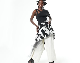 Open Shoulder Long Top With Print and Tulle Layer - Structured Long Top METT0302