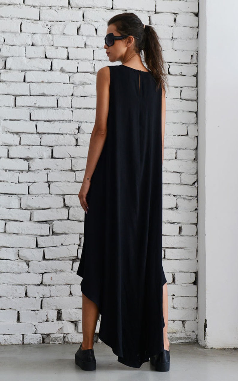 Black Asymmetric Dress/Oversize Loose Tunic/Plus Size Black Dress/Black Maxi Dress/Sleeveless Tunic Top/Casual Summer Black Dress METT0043 image 2