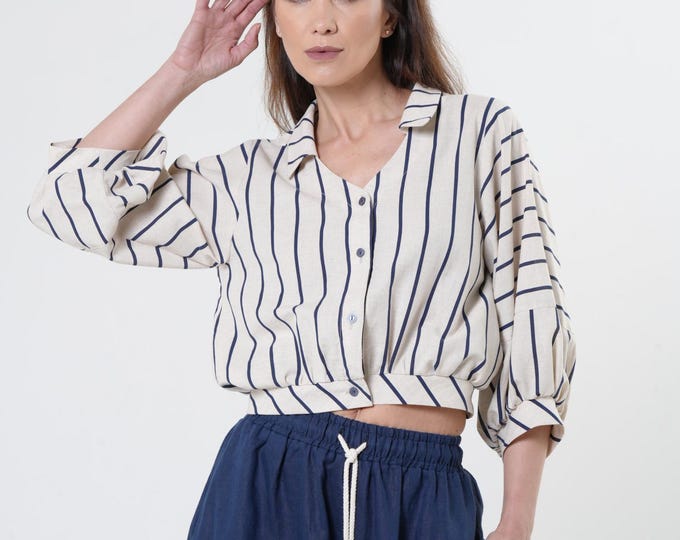 Oversize Short Top On Blue Stripes / Crop Top / Oversize Short Shirt METT0274_Blue