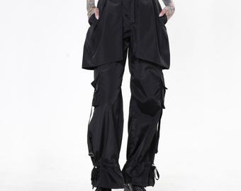 Black Sheen Cargo Pants - Avant Garde Loose Trousers for Women - METP0143