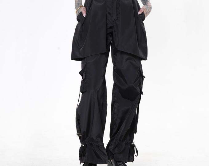 Black Sheen Cargo Pants - Avant Garde Loose Trousers for Women - METP0143