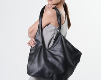 Handmade Black Leather Tote Bag: Asymmetric Shoulder Bag