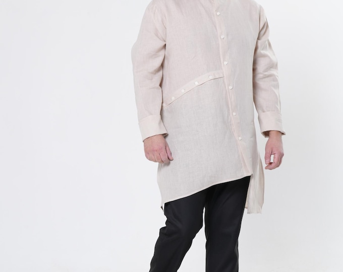 Long Linen Top for Men - Men’s Asymmetric Shirt in Beige -  METMSh0002