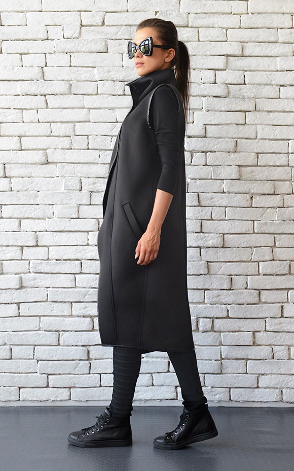 Sleeveless Black Coat/Long Asymmetric Vest/Oversize Neoprene | Etsy