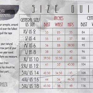 Pu&ograve; includere: Tabella delle taglie per abbigliamento con misure in pollici e centimetri. La tabella mostra le misure di busto, vita e fianchi per le taglie XS a 5XL. La tabella include anche la taglia americana corrispondente per ogni taglia.