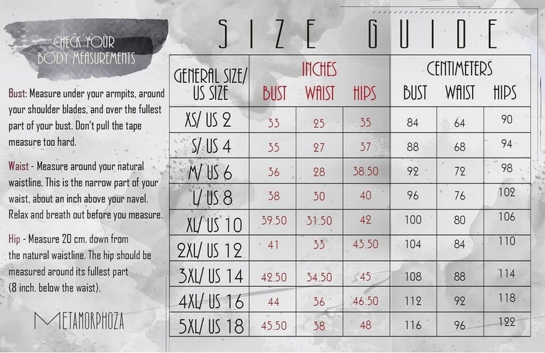 Pu&ograve; includere: Tabella delle taglie per abbigliamento con misure in pollici e centimetri. La tabella mostra le misure di busto, vita e fianchi per le taglie XS a 5XL. La tabella include anche la taglia americana corrispondente per ogni taglia.