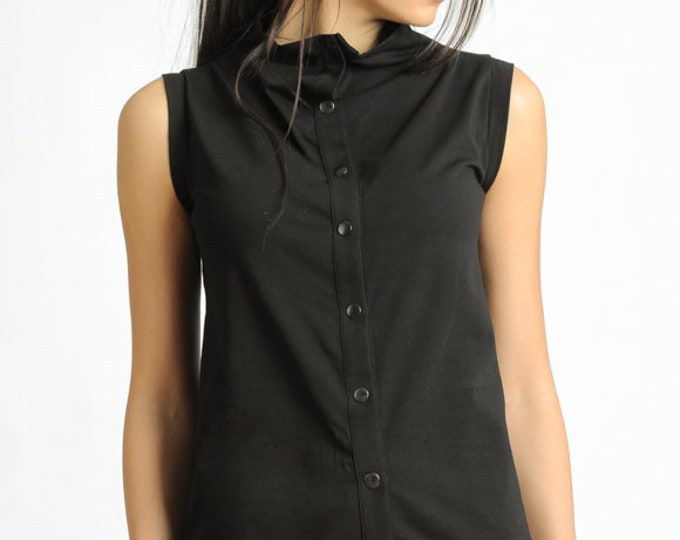 Black Sleeveless Top/Black Studded Blouse/Casual Everyday Black Top/Extravagant Shirt with Metal Studs at the Front/Loose Black Top METT0131