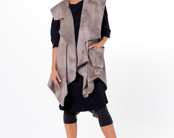 Asymmetric Faux Suede Vest in Taupe – Sculptural Women’s Vest with Draped Front METC0158