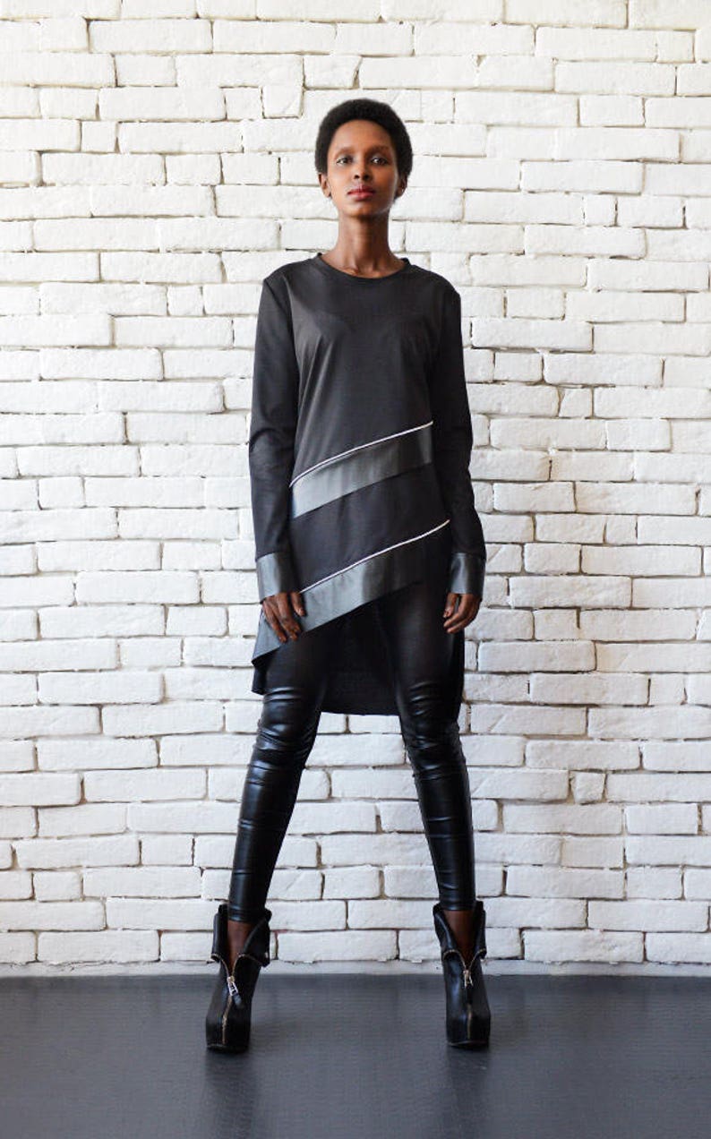 Long Sleeve Black Tunic Leather Detail Stripe Top Black Etsy