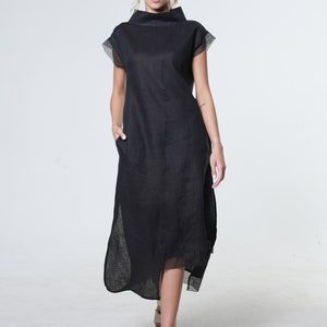 Asymetric Linen Dress / Summer Linen Dress / Elegant  Black Linen Dress /  Natural Linen Handmade Dress METD0219