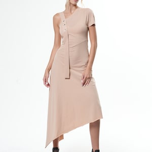 Black Asymmetric Dress/Extravagant Loose Dress/Oversize Long Tunic with One Sleeve/Dress with Studs/Casual Black Dress METD0121 Beige