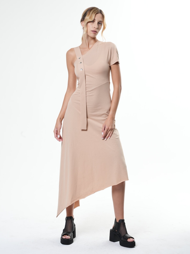Black Asymmetric Dress/Extravagant Loose Dress/Oversize Long Tunic with One Sleeve/Dress with Studs/Casual Black Dress METD0121 Beige