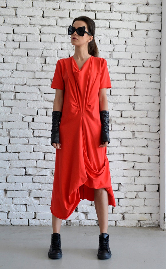 Red Casual Dress/asymmetric Draped Dress/short Sleeve Loose - Etsy