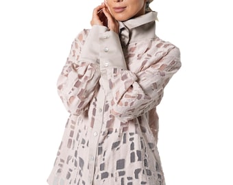 Beige Textured Sheer Shirt with Statement Collar and Wide Cuffs METSh0038