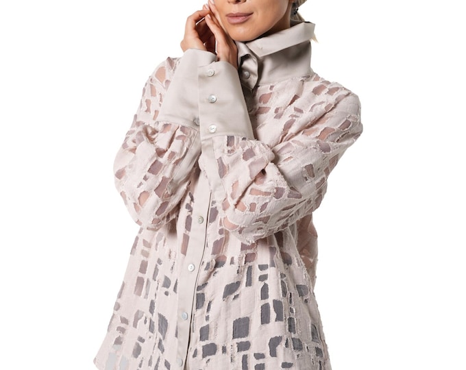 Beige Textured Sheer Shirt with Statement Collar and Wide Cuffs METSh0038