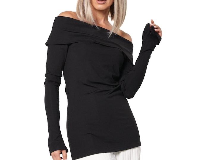 Black Off-Shoulder Top with Long Sleeves and Concealed Wrist Zippers METT0316