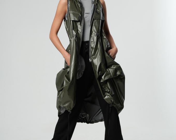 Asymmetrical Vest / Summer Jacket Women / Military Vest / Hooded Vest / Loose Vest / Steampunk Vest / Oversized Vest / Khaki Vest METC0120