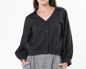 Oversize Linen Top in Black / Short Buttoned Blouse METT0274_Black