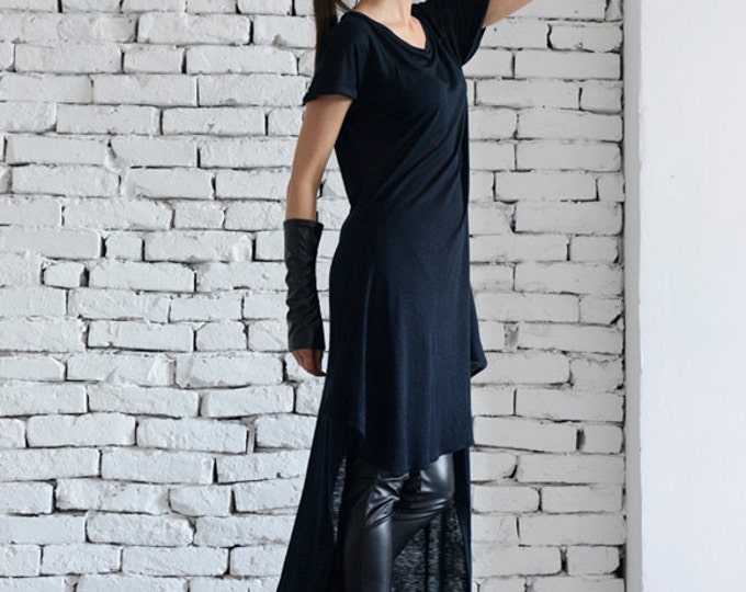 Black Long Top/Asymmetrical Loose Tunic/Extravagant Black Tunic/Tunic Dress/Summer Black Dress/Short Sleeve Long Top/Casual Black Tunic