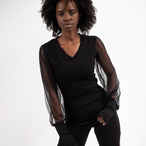 V Neck Blouse /mesh Sleeves /black Sheer Blouse /see Through - Etsy