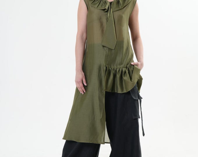 Sheer Tunic Top / Asymmetric transparent Top / Long Blouse With Ruffles  - METT0278_Khaki