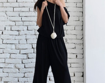 Black Loose Jumpsuit/Long Leg Jumpsuit /Women Black Summer Jumpsuit/Long Spring Black Pants Suit/Oversize Black Jumpsuit METJ0003