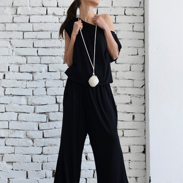 Schwarzer lockerer Jumpsuit / Overall mit langem Bein / Frauen Schwarzer Sommer Jumpsuit / Langer Frühling Schwarzer Hosenanzug / Oversize Schwarzer Jumpsuit METJ0003