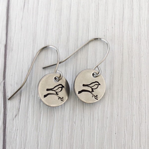 Bird Earrings - Sparrow Earrings - Stainless Steel Stamped Round Dangle Earrings with Sparrow - Silver Bird and Branch Earrings
