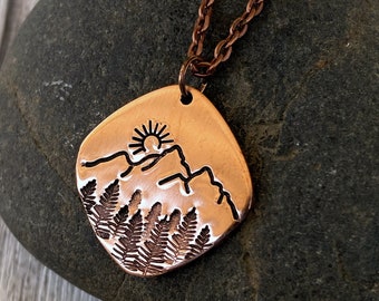Square Forest Sunrise Copper Necklace - Copper Mountains Pendant - Sunrise over Mountains Pendant - Copper Statement Nature Necklace