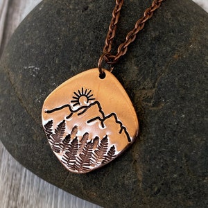 Square Forest Sunrise Copper Necklace - Copper Mountains Pendant - Sunrise over Mountains Pendant - Copper Statement Nature Necklace