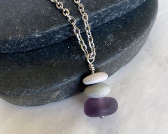 3 Stone and Lavender Glass Pebble Cairn Necklace - Beach Stone Necklace - Stacked Rock Necklace - Trail Marker