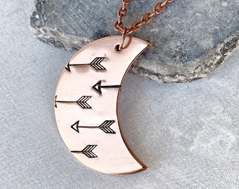 Ellie B's Creations - Crescent Moon Arrows Necklace - Archery Necklace - Hand Stamped Nature Necklace - Boho Pendant