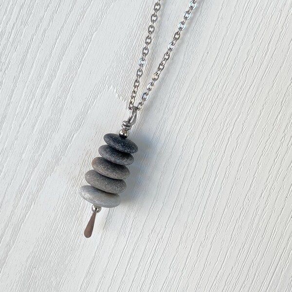 5 Stone Gradient Stone Cairn Necklace - Stainless Steel Beach Stone Necklace - Cairn Pendant - Stacked Rock Necklace