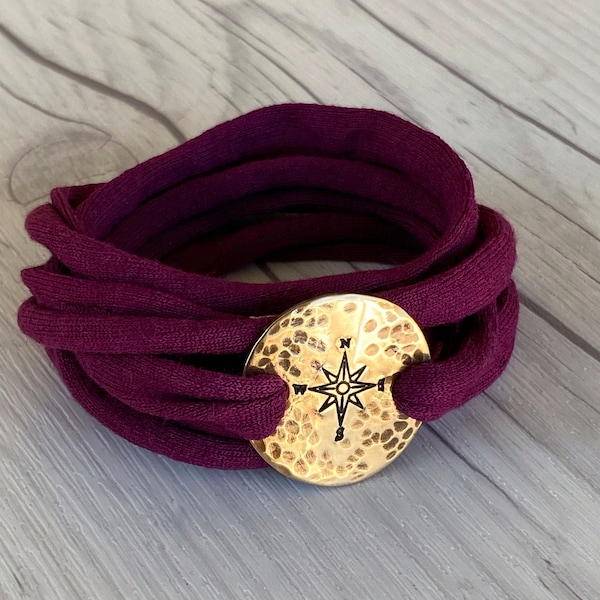 Bronze Compass Rose Maroon Wrap Bracelet - Rustic Compass Travel Bracelet - T Shirt Bracelet - Tattoo Cover - Cuff Bracelet - Wrap Bracelet