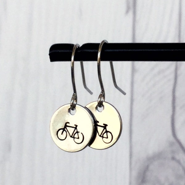 Bicycle Earrings - Bike Earrings - Stainless Steel Stamped Round Dangle Earrings with Bicycle - Bicyclist Gift - Silver Bicycle Earrings