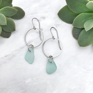 Large Sea Glass Earrings - Beach Glass Jewelry - Silver Green Earrings - Stainless Steel Beach Glass Earrings - Sea Glass Dangle Earrings