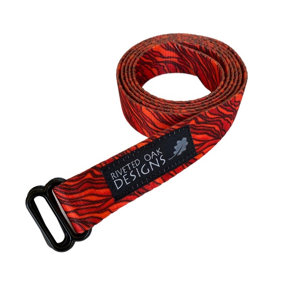 Red Lava Flow Webbing Double Slider Belt - 1" Red Black Hiking Belt - Backpacking Belt - Fun Belt - Hiking Gear - Backpacking Gear