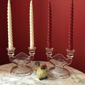 Twin Vintage Fan Patterned Fostoria Glass Candle Holders