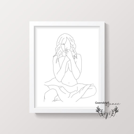 Nude Line Art Woman Sexual Intimate Nude Breast Covered Gift Black and Whit...