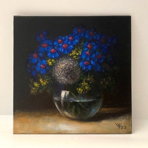 Blue Flowers Original Oil Painting Still Life Impressionism Realism Bouquet 6 x 6&quot; Contemporary Miniature Small Wall Art Collectible Art