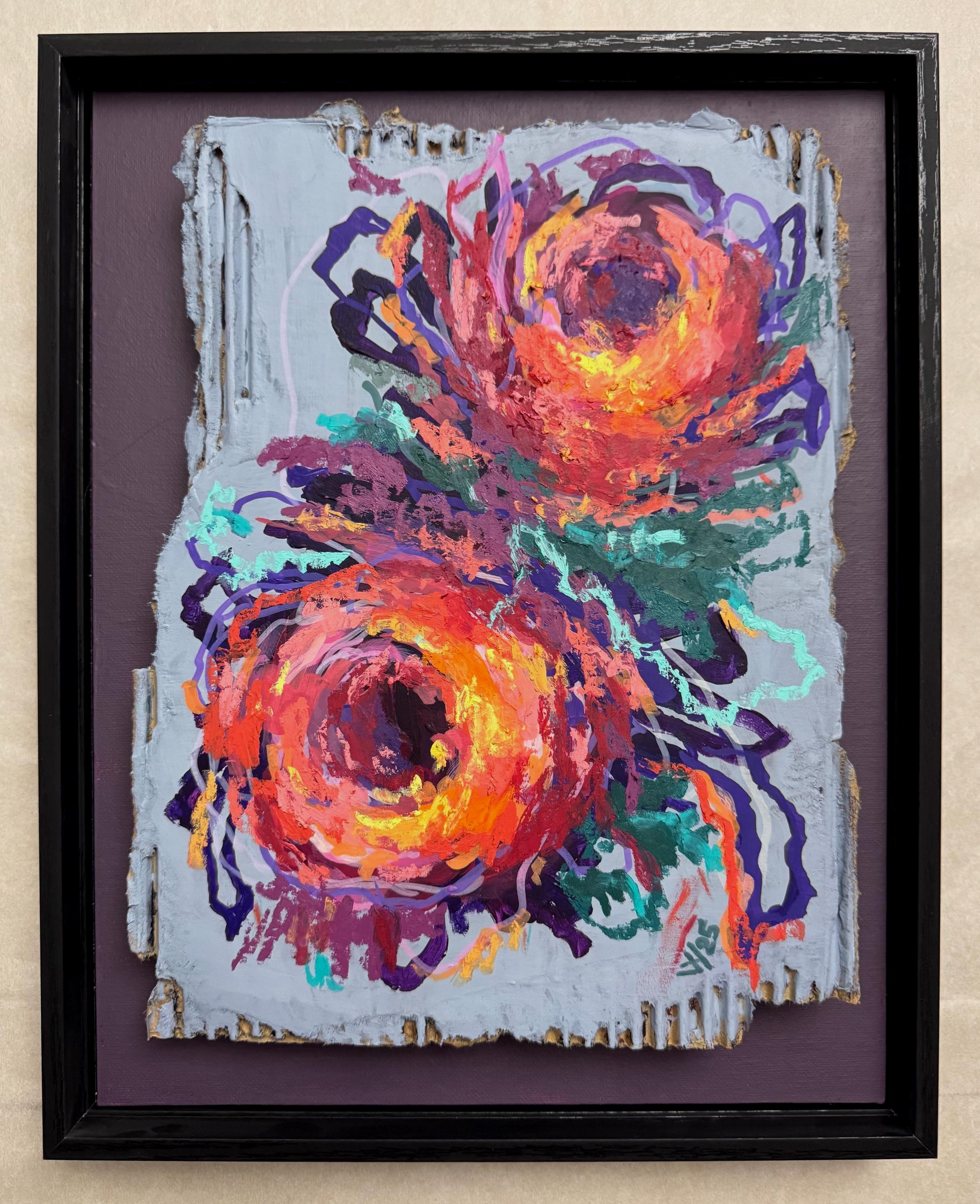 オリジナルミクストメディア絵画 花の抽象画 14インチ x 11インチ 現代
